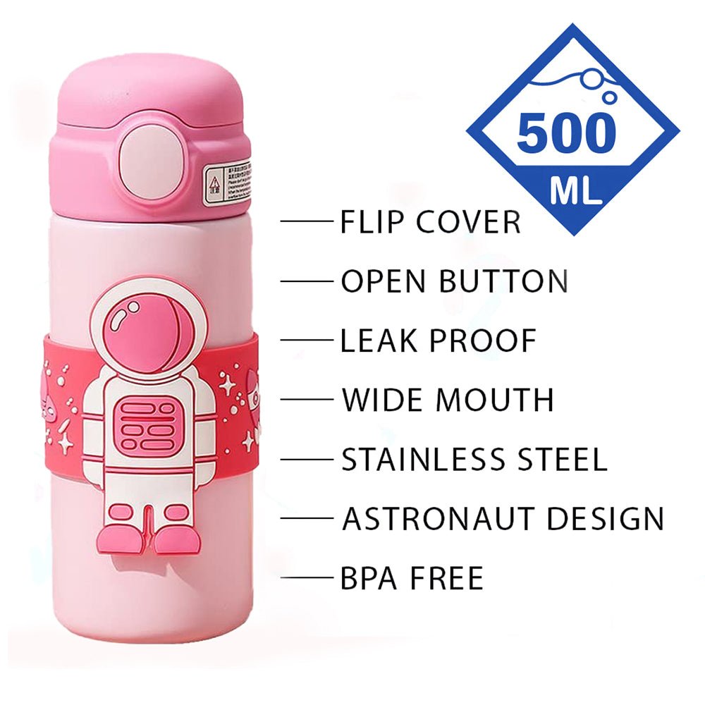 Pink Band Astronaut, Stainless Steel Kids Water Bottle, 500 ml - Little Surprise BoxPink Band Astronaut, Stainless Steel Kids Water Bottle, 500 ml