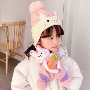 Pink Bunny with Carrot  Kids Winter Cap & Neck Muffler Set - Little Surprise BoxPink Bunny with Carrot  Kids Winter Cap & Neck Muffler Set