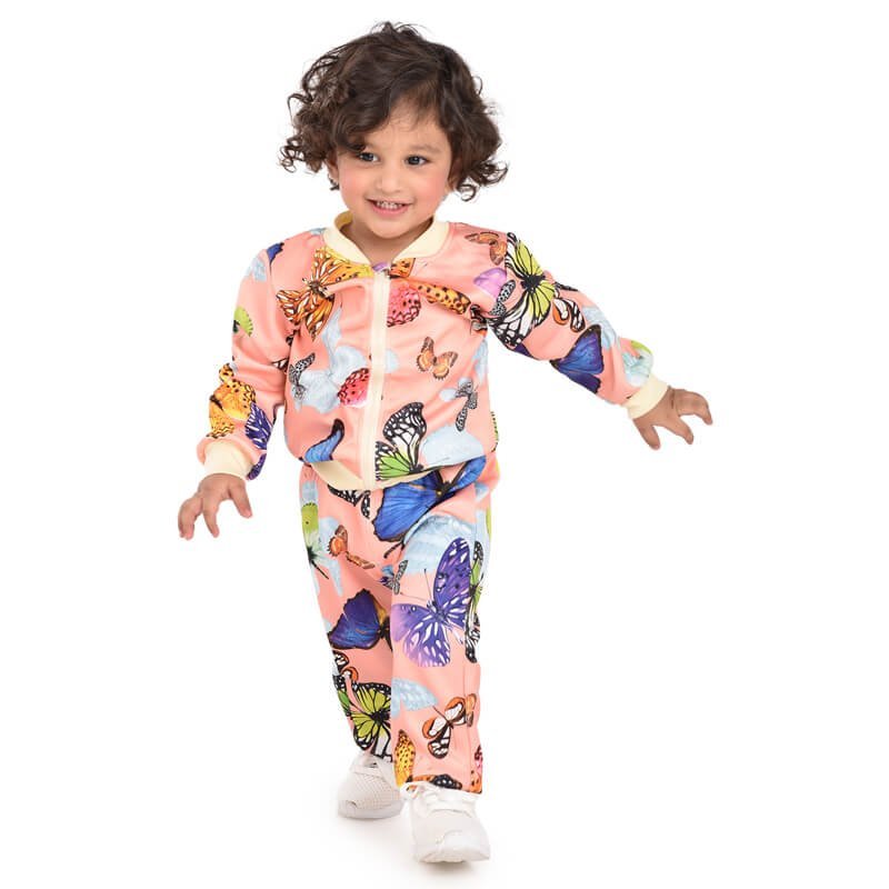 Pink Butterfly Kids Zipper Jacket and Track Pant set - Little Surprise BoxPink Butterfly Kids Zipper Jacket and Track Pant set