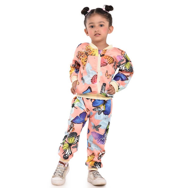 Pink Butterfly Kids Zipper Jacket and Track Pant set - Little Surprise BoxPink Butterfly Kids Zipper Jacket and Track Pant set