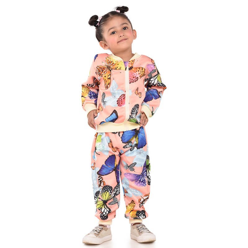 Pink Butterfly Kids Zipper Jacket and Track Pant set - Little Surprise BoxPink Butterfly Kids Zipper Jacket and Track Pant set