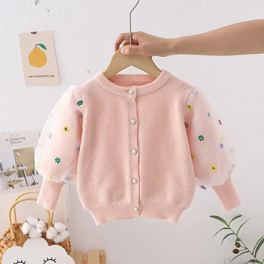Pink Floral Puff Style Stylish Warmer Cardigan & Christmas Sweater for toddlers & Kids - Little Surprise BoxPink Floral Puff Style Stylish Warmer Cardigan & Christmas Sweater for toddlers & Kids