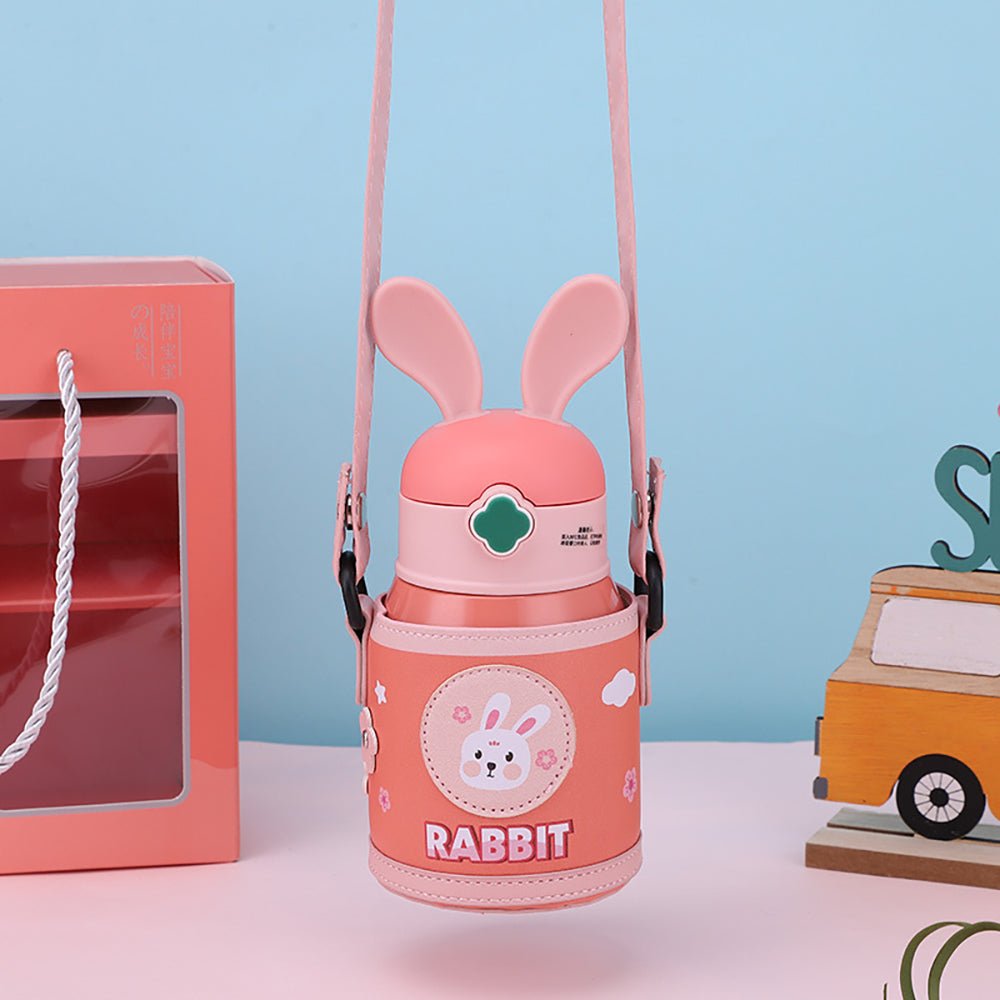 Pink Flower Rabbit Ear Stainless Steel Water Bottle with bottle Holder for Kids and Toddlers, 550 ml - Little Surprise BoxPink Flower Rabbit Ear Stainless Steel Water Bottle with bottle Holder for Kids and Toddlers, 550 ml