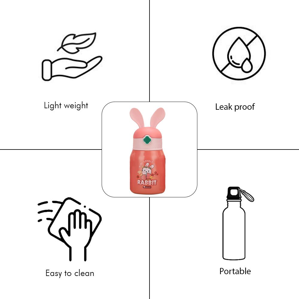 Pink Flower Rabbit Ear Stainless Steel Water Bottle with bottle Holder for Kids and Toddlers, 550 ml - Little Surprise BoxPink Flower Rabbit Ear Stainless Steel Water Bottle with bottle Holder for Kids and Toddlers, 550 ml