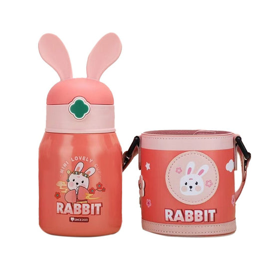 Pink Flower Rabbit Ear Stainless Steel Water Bottle with bottle Holder for Kids and Toddlers, 550 ml - Little Surprise BoxPink Flower Rabbit Ear Stainless Steel Water Bottle with bottle Holder for Kids and Toddlers, 550 ml