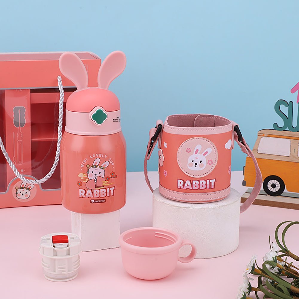 Pink Flower Rabbit Ear Stainless Steel Water Bottle with bottle Holder for Kids and Toddlers, 550 ml - Little Surprise BoxPink Flower Rabbit Ear Stainless Steel Water Bottle with bottle Holder for Kids and Toddlers, 550 ml