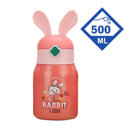 Pink Flower Rabbit Ear Stainless Steel Water Bottle with bottle Holder for Kids and Toddlers, 550 ml - Little Surprise BoxPink Flower Rabbit Ear Stainless Steel Water Bottle with bottle Holder for Kids and Toddlers, 550 ml