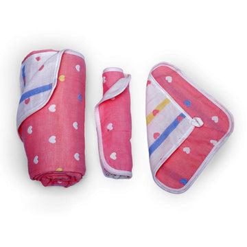 Pink Hearts Designed Organic Muslin Blanket, Bib and Napkin Matching Set - Little Surprise BoxPink Hearts Designed Organic Muslin Blanket, Bib and Napkin Matching Set