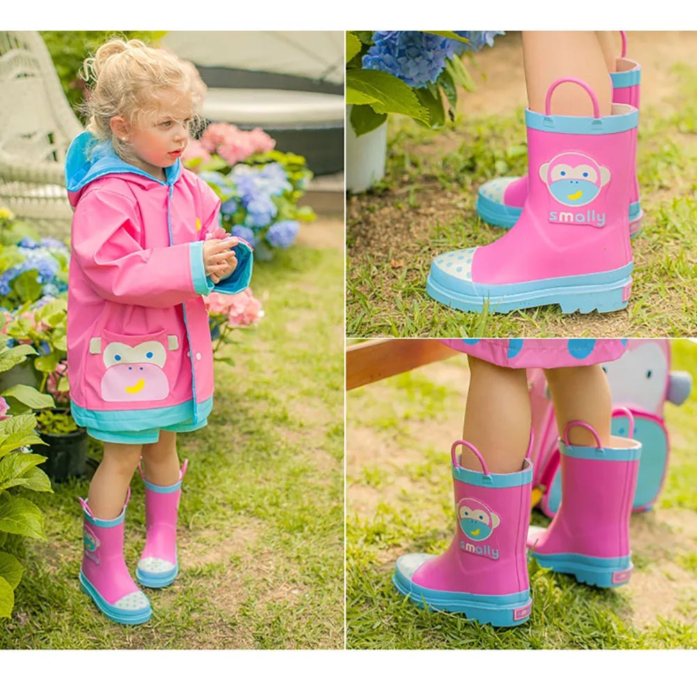 Pink Monkey Raincoat & Rain Gumboots, Matching 2 pcs Set for Kid - Little Surprise BoxPink Monkey Raincoat & Rain Gumboots, Matching 2 pcs Set for Kid