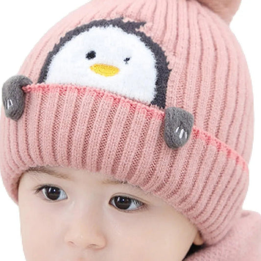 Pink Penguin Woven Stretchable Woolen Winter Cap For Kids With Matching Neck Muffler Set (3-10Yrs) - Little Surprise BoxPink Penguin Woven Stretchable Woolen Winter Cap For Kids With Matching Neck Muffler Set (3-10Yrs)