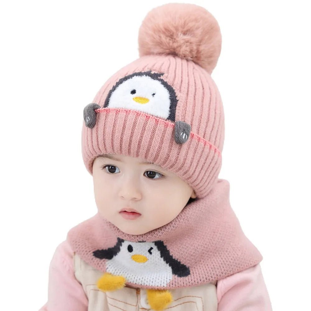 Pink Penguin Woven Stretchable Woolen Winter Cap For Kids With Matching Neck Muffler Set (3-10Yrs) - Little Surprise BoxPink Penguin Woven Stretchable Woolen Winter Cap For Kids With Matching Neck Muffler Set (3-10Yrs)