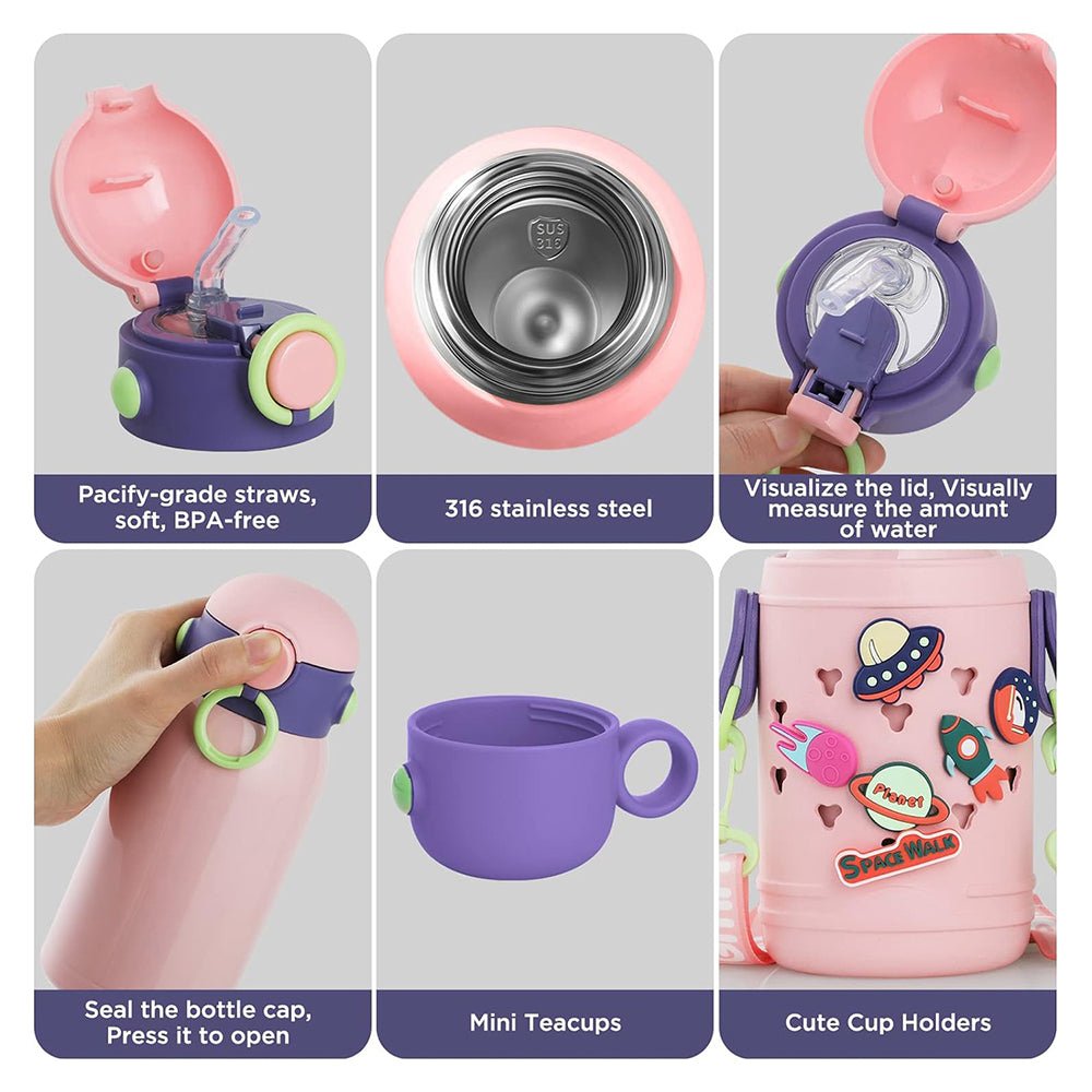 Pink Planet Fun Toy Trinkets theme temperature control Insulated Vacuum Flask Kids Stainless Steel Water Bottle with silicone cover and Thick Strap - Little Surprise BoxPink Planet Fun Toy Trinkets theme temperature control Insulated Vacuum Flask Kids Stainless Steel Water Bottle with silicone cover and Thick Strap
