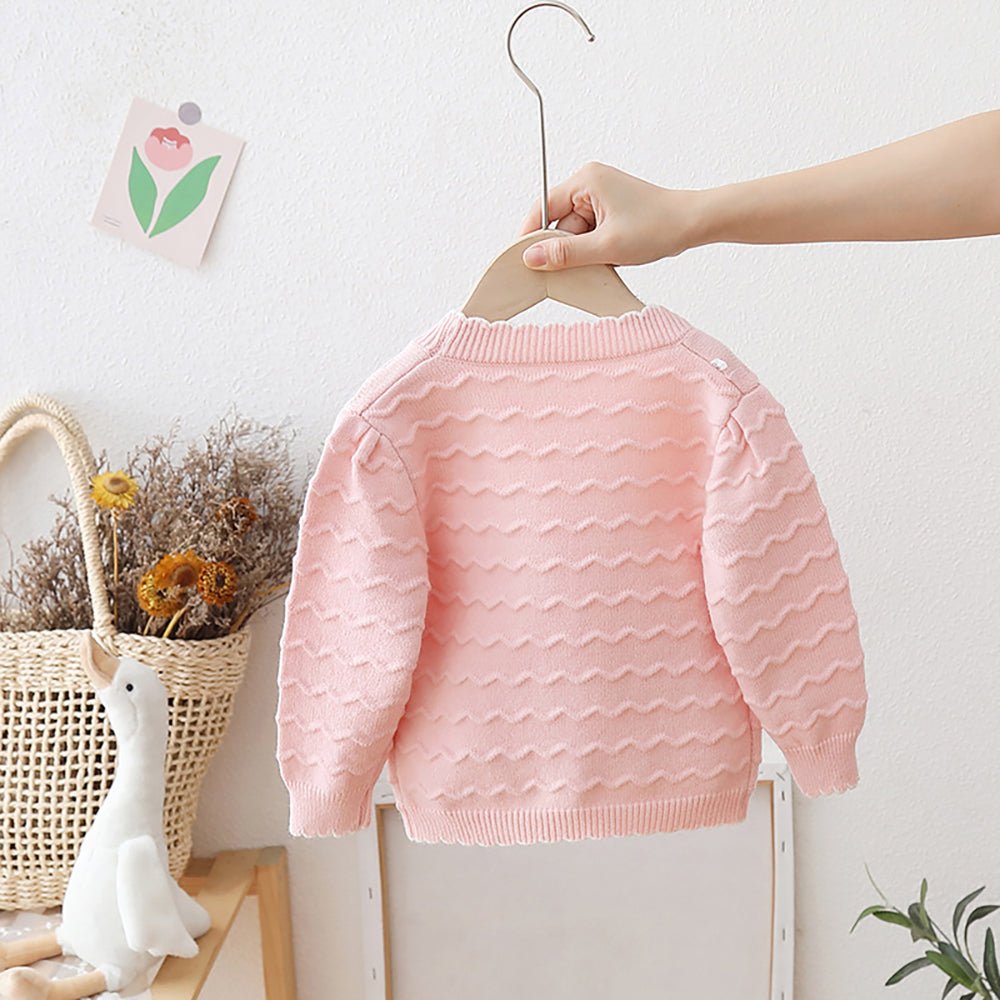 Pink Ruffled Cardigan with Big White Bow Winter Warmer Sweater for Toddlers & Kids - Little Surprise BoxPink Ruffled Cardigan with Big White Bow Winter Warmer Sweater for Toddlers & Kids