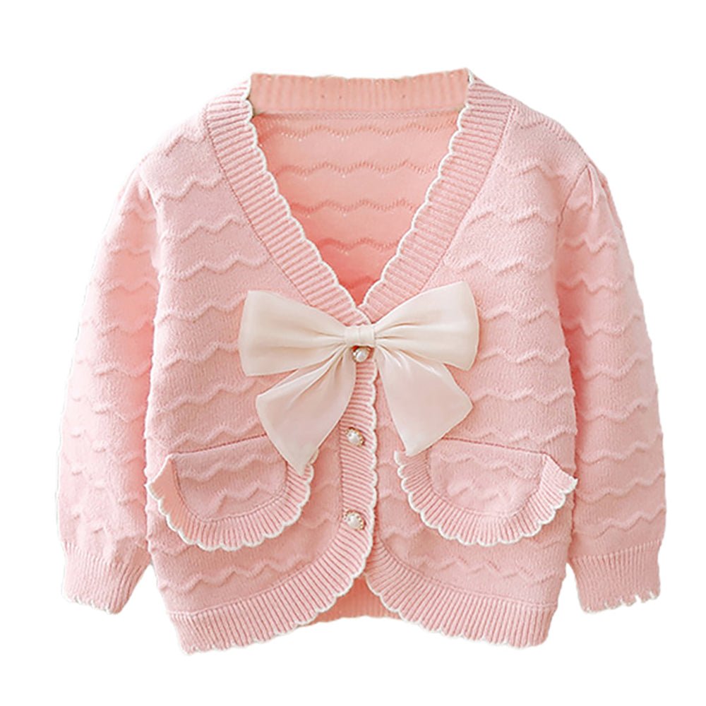 Pink Ruffled Cardigan with Big White Bow Winter Warmer Sweater for Toddlers & Kids - Little Surprise BoxPink Ruffled Cardigan with Big White Bow Winter Warmer Sweater for Toddlers & Kids