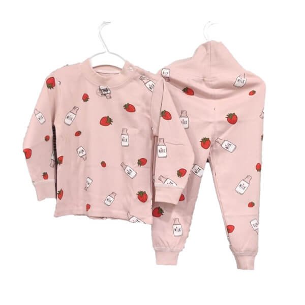 Pink Strawberry & Milk Full sleeves tops & pants set Unisex Kids Wear - Little Surprise BoxPink Strawberry & Milk Full sleeves tops & pants set Unisex Kids Wear