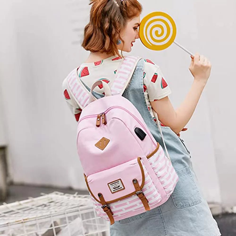 Pink stripes with mini-Polka dots Theme and USB port 3 pcs Matching Backpack with Lunch Bag & Stationery Pouch, Pink - Little Surprise BoxPink stripes with mini-Polka dots Theme and USB port 3 pcs Matching Backpack with Lunch Bag & Stationery Pouch, Pink