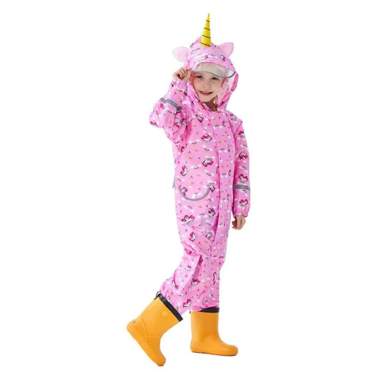 Pink Unicorn Theme All Over Jumpsuit / Playsuit Raincoat for Kids - Little Surprise BoxPink Unicorn Theme All Over Jumpsuit / Playsuit Raincoat for Kids