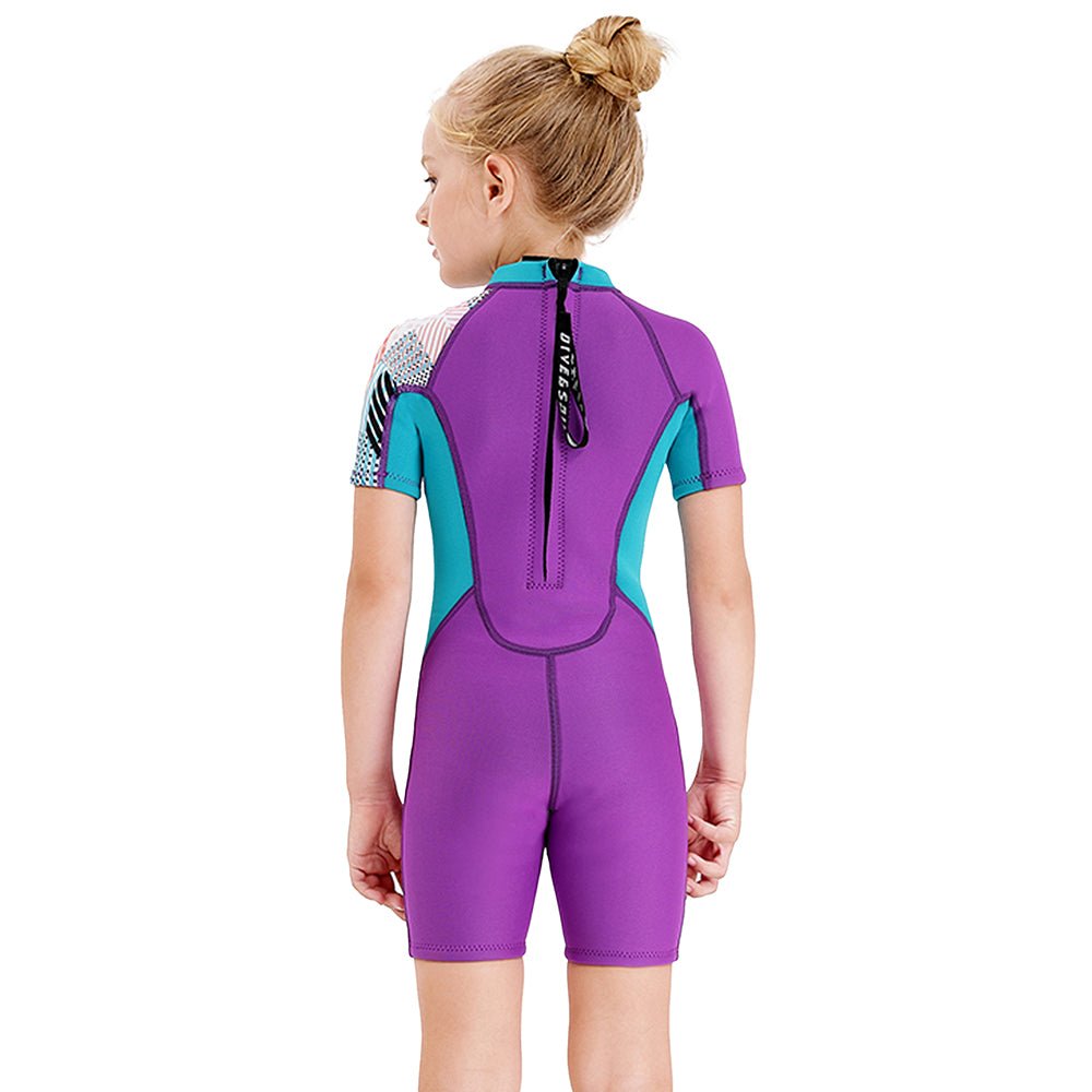 Purple Abstract Sleeve 2.5mm Neoprene Knee Length Kids Swimsuit, Half Sleeves Swimwear - Little Surprise BoxPurple Abstract Sleeve 2.5mm Neoprene Knee Length Kids Swimsuit, Half Sleeves Swimwear
