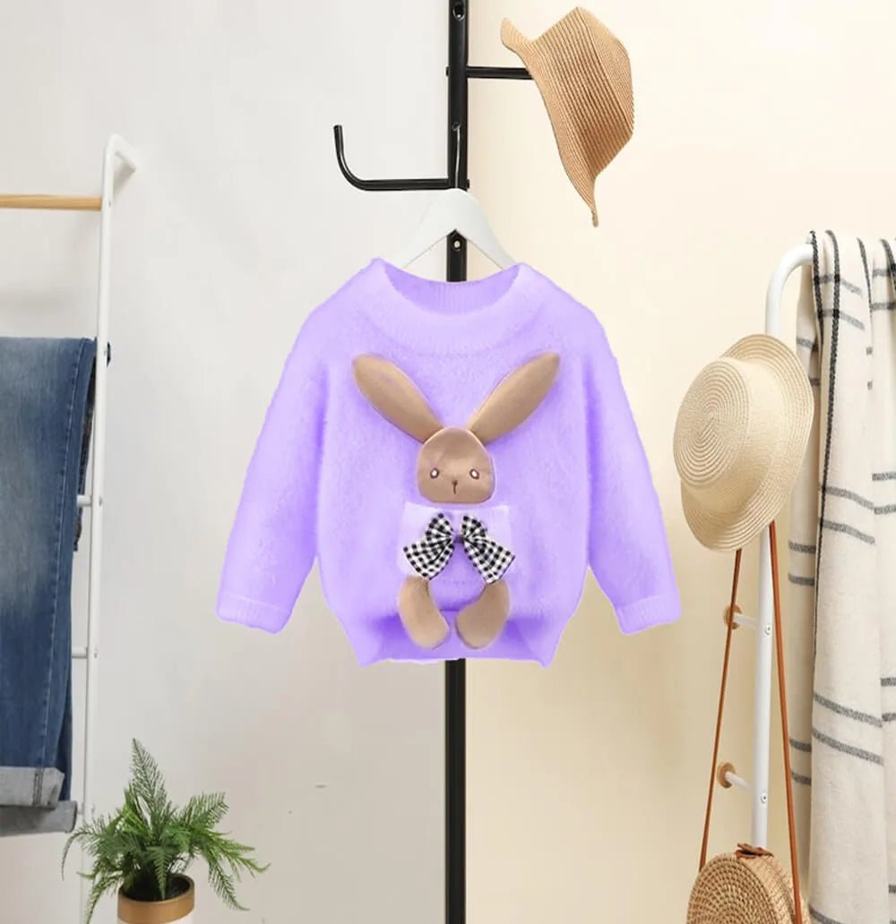 Purple with 3d Bunny Kids Cardigan Sweater, Round Neck - Little Surprise BoxPurple with 3d Bunny Kids Cardigan Sweater, Round Neck
