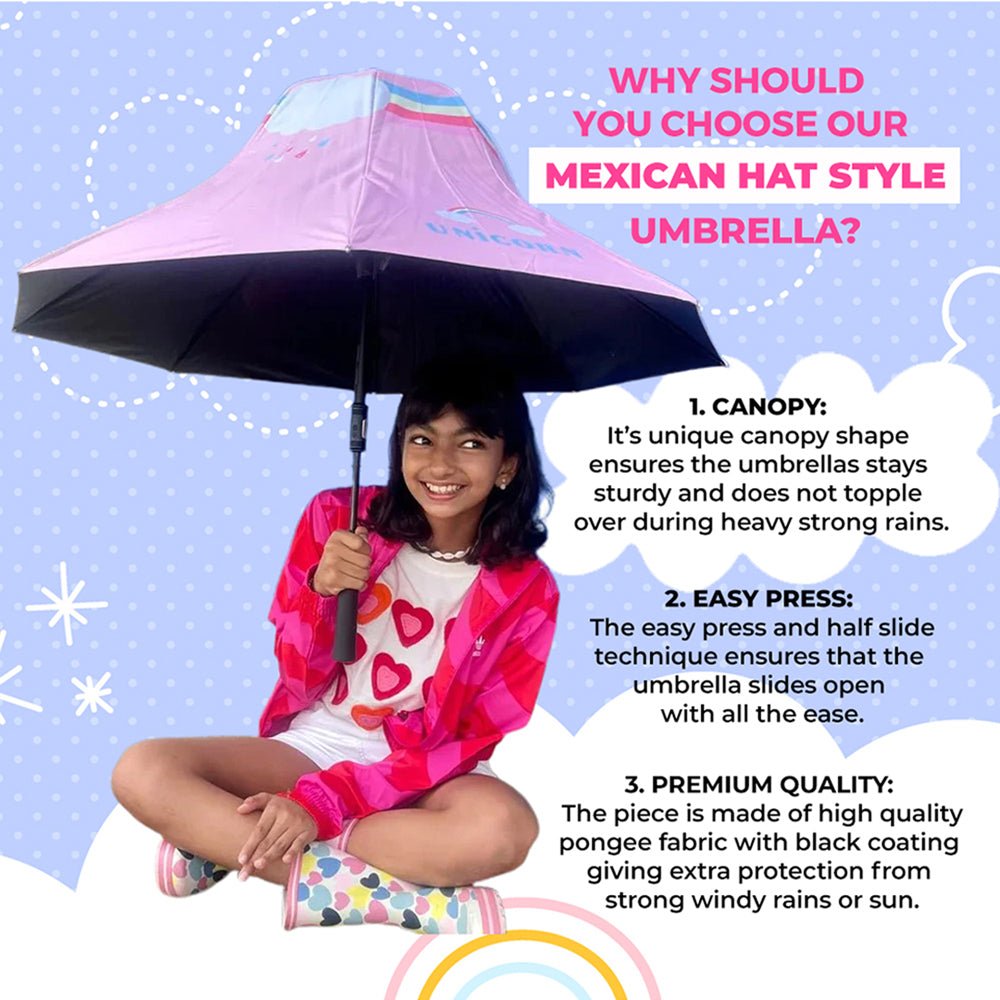 Rainbow Uni theme, Unique Mexican Hat Style Kids Umbrella, 5-12 years, Pink - Little Surprise BoxRainbow Uni theme, Unique Mexican Hat Style Kids Umbrella, 5-12 years, Pink