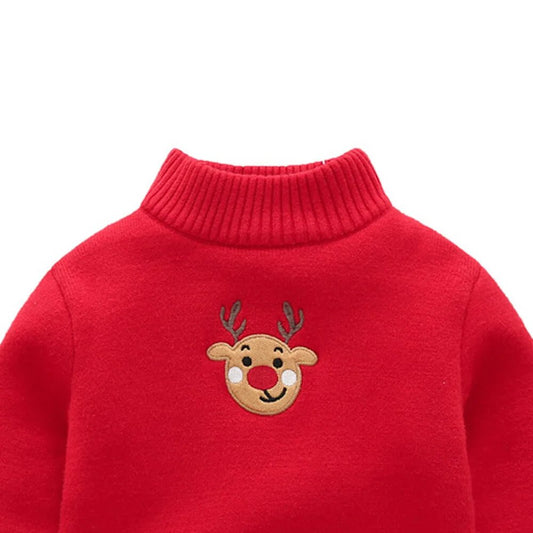 Red Cardigan Sweater Deer Monogram High Neck - Little Surprise BoxRed Cardigan Sweater Deer Monogram High Neck