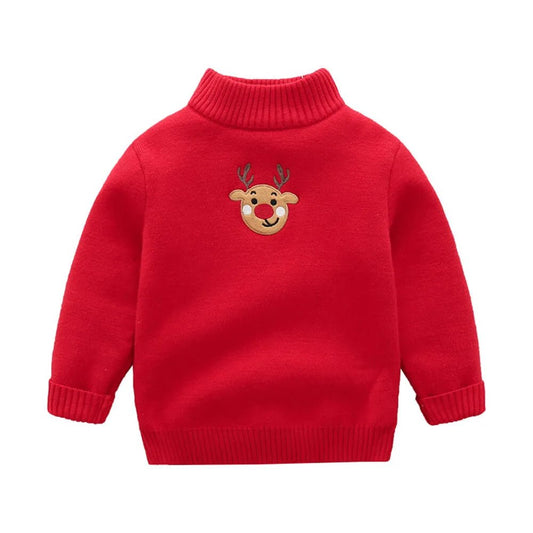 Red Cardigan Sweater Deer Monogram High Neck - Little Surprise BoxRed Cardigan Sweater Deer Monogram High Neck