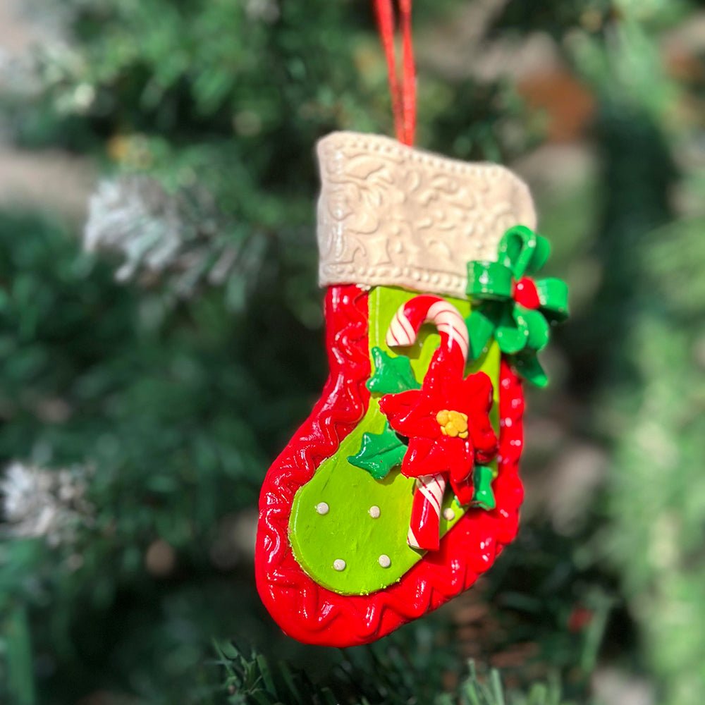 Red Handmade Clay Christmas Stocking Shape, Tree Ornament - Little Surprise BoxRed Handmade Clay Christmas Stocking Shape, Tree Ornament