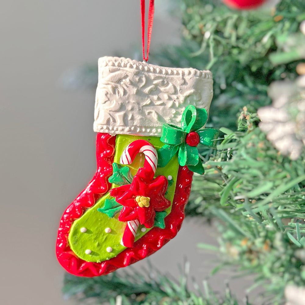 Red Handmade Clay Christmas Stocking Shape, Tree Ornament - Little Surprise BoxRed Handmade Clay Christmas Stocking Shape, Tree Ornament
