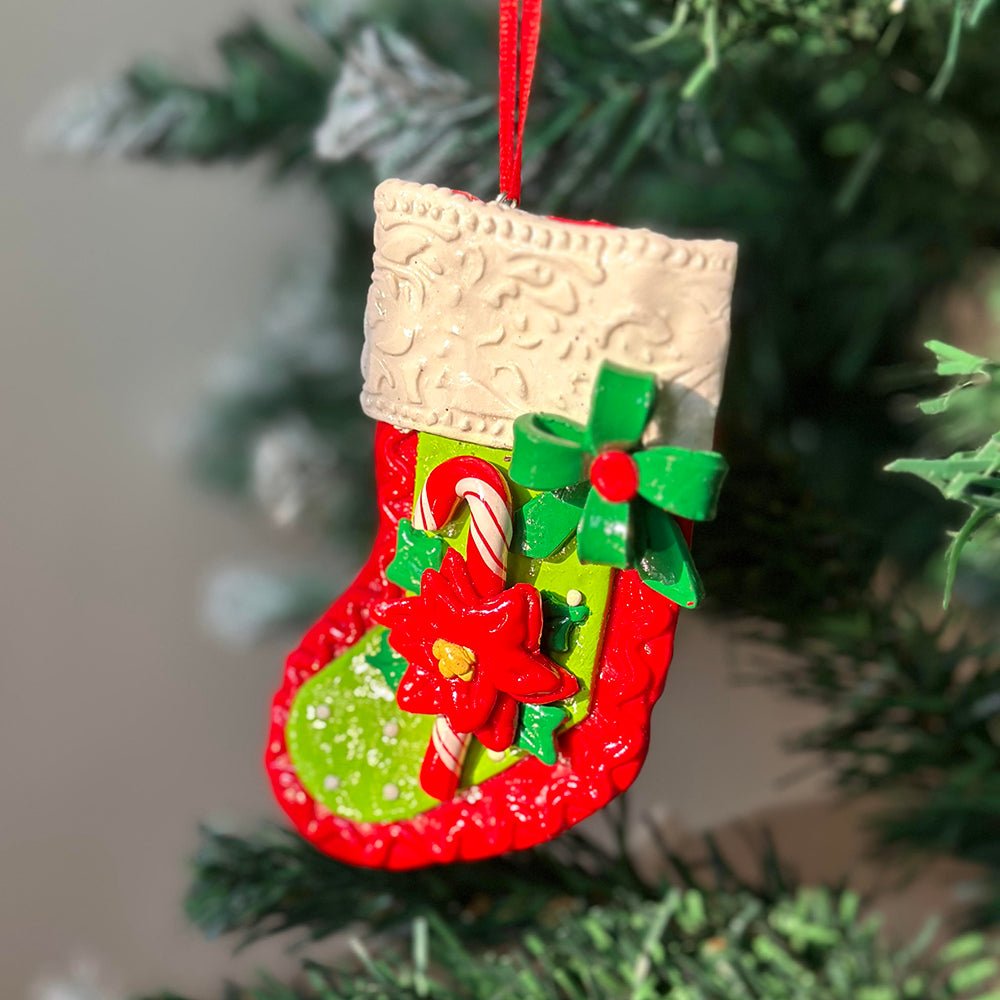Red Handmade Clay Christmas Stocking Shape, Tree Ornament - Little Surprise BoxRed Handmade Clay Christmas Stocking Shape, Tree Ornament