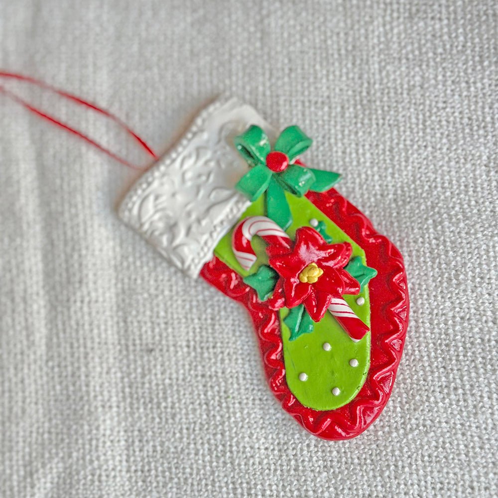 Red Handmade Clay Christmas Stocking Shape, Tree Ornament - Little Surprise BoxRed Handmade Clay Christmas Stocking Shape, Tree Ornament