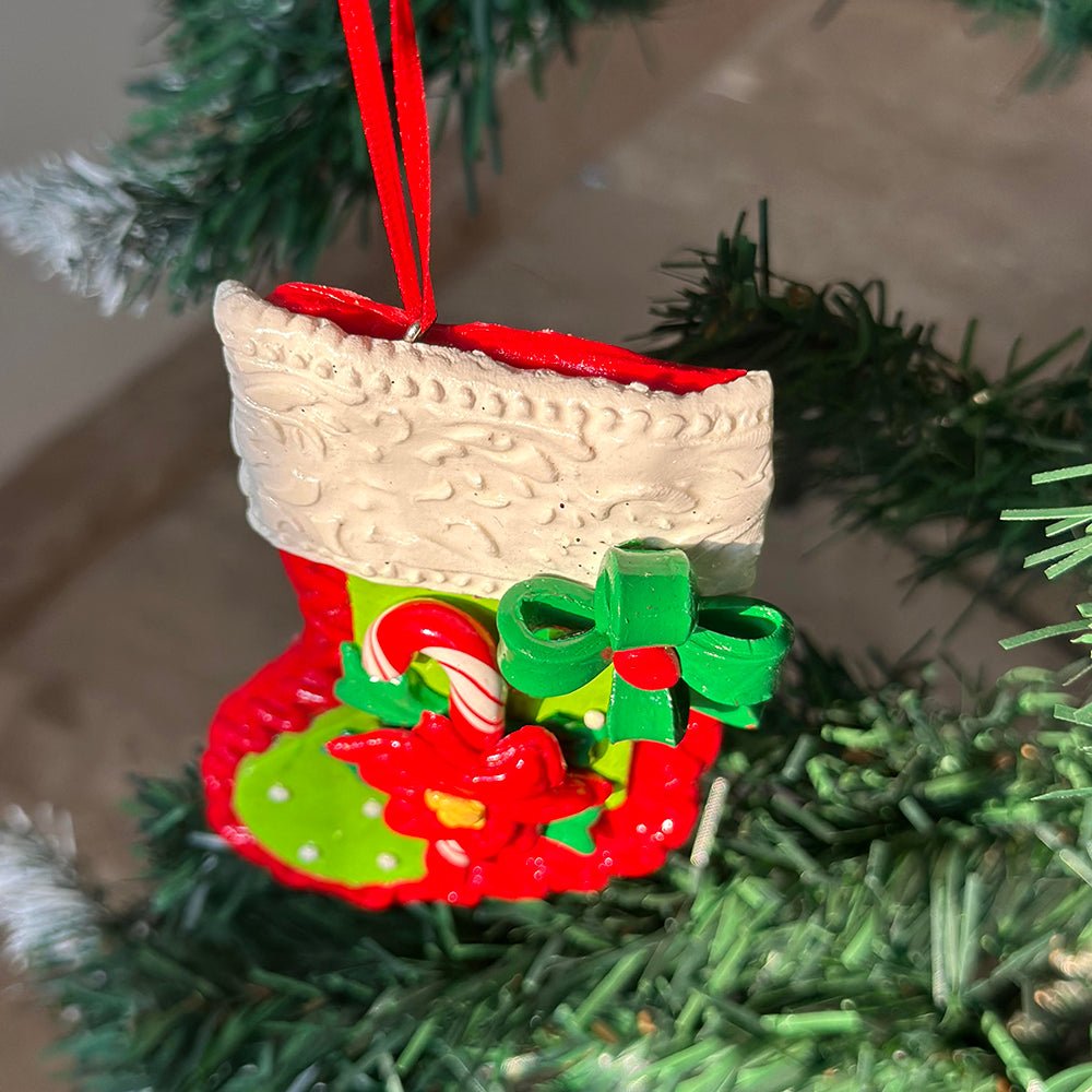 Red Handmade Clay Christmas Stocking Shape, Tree Ornament - Little Surprise BoxRed Handmade Clay Christmas Stocking Shape, Tree Ornament