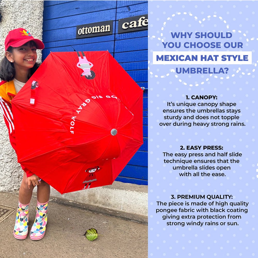 Red Riding Hood theme, Unique Mexican Hat Style Kids Umbrella, 5-12 years, Red - Little Surprise BoxRed Riding Hood theme, Unique Mexican Hat Style Kids Umbrella, 5-12 years, Red