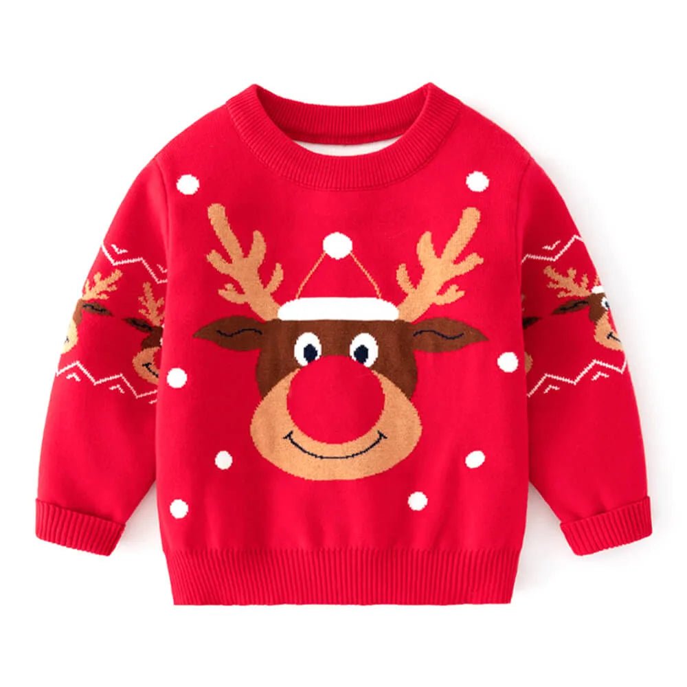 Red Snow Big Reindeer Face Kids Cardigan Sweater, Round Neck - Little Surprise BoxRed Snow Big Reindeer Face Kids Cardigan Sweater, Round Neck