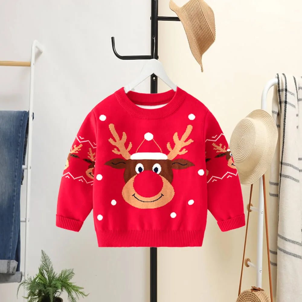 Red Snow Big Reindeer Face Kids Cardigan Sweater, Round Neck - Little Surprise BoxRed Snow Big Reindeer Face Kids Cardigan Sweater, Round Neck
