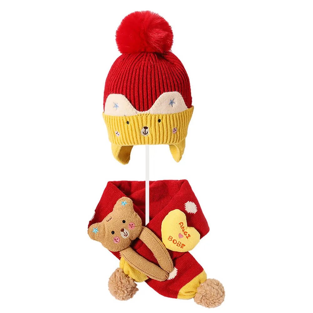 Red & Yellow Bear Winter Cap & Neck Muffler Set - Little Surprise BoxRed & Yellow Bear Winter Cap & Neck Muffler Set