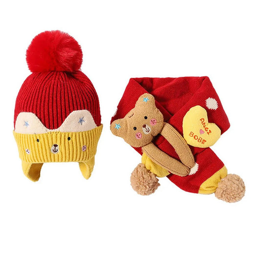 Red & Yellow Bear Winter Cap & Neck Muffler Set - Little Surprise BoxRed & Yellow Bear Winter Cap & Neck Muffler Set