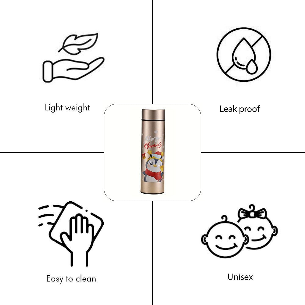 Shimmer Gold Reindeer Penguin LED Temperature display Insulated Vacuum Flask Kids Stainless Steel Water Bottle, 500ml - Little Surprise BoxShimmer Gold Reindeer Penguin LED Temperature display Insulated Vacuum Flask Kids Stainless Steel Water Bottle, 500ml