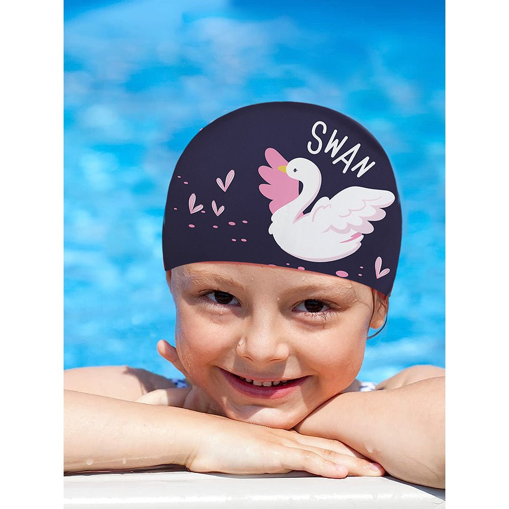 Silicone Kids Swimming Cap, Floating Swan, Navy - Little Surprise BoxSilicone Kids Swimming Cap, Floating Swan, Navy