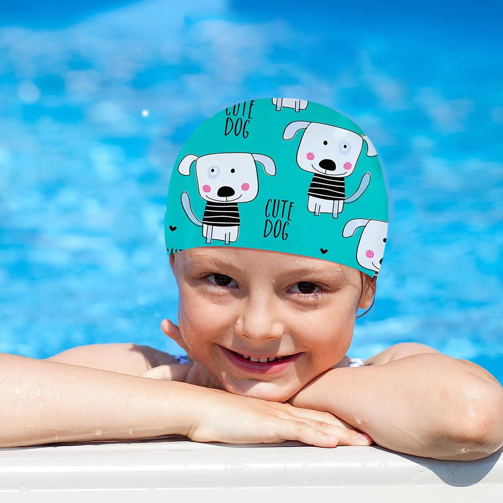 Silicone Kids Swimming Cap, Happy Puppy print, Green - Little Surprise BoxSilicone Kids Swimming Cap, Happy Puppy print, Green