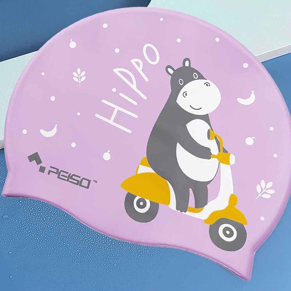 Silicone Kids Swimming Cap, Rider Hippo print, Lavender - Little Surprise BoxSilicone Kids Swimming Cap, Rider Hippo print, Lavender