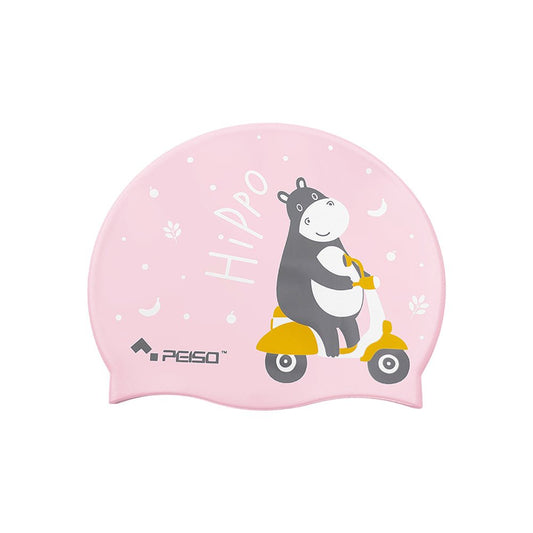 Silicone Kids Swimming Cap, Rider Hippo print, Pink - Little Surprise BoxSilicone Kids Swimming Cap, Rider Hippo print, Pink