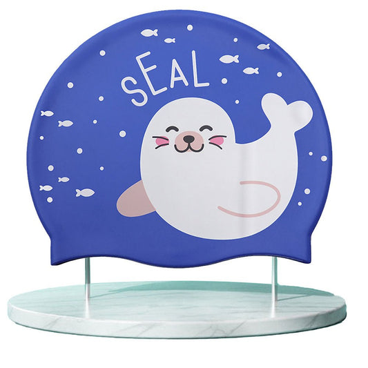 Silicone Kids Swimming Cap, Shy Seal print, Blue - Little Surprise BoxSilicone Kids Swimming Cap, Shy Seal print, Blue
