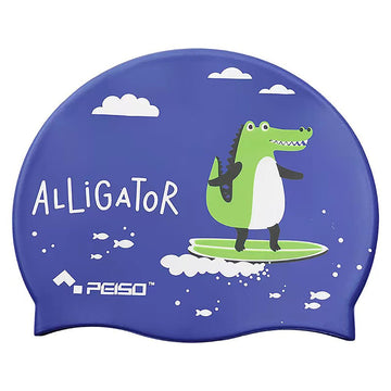 Silicone Kids Swimming Cap, Surfer Alligator print , Blue - Little Surprise BoxSilicone Kids Swimming Cap, Surfer Alligator print , Blue