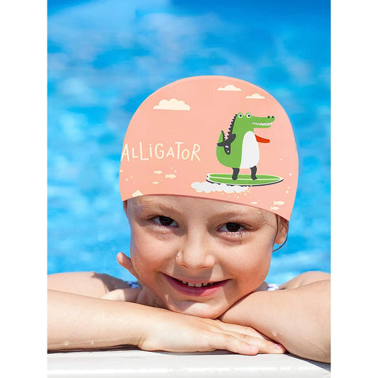 Silicone Kids Swimming Cap, Surfer Alligator print , Peach - Little Surprise BoxSilicone Kids Swimming Cap, Surfer Alligator print , Peach