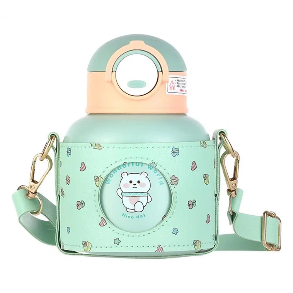 Stainless Steel Mint Green Butterfly Teddy Water Bottle for kids with Matching Holder, 520 ml - Little Surprise BoxStainless Steel Mint Green Butterfly Teddy Water Bottle for kids with Matching Holder, 520 ml