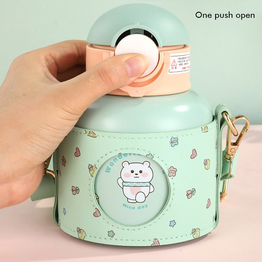 Stainless Steel Mint Green Butterfly Teddy Water Bottle for kids with Matching Holder, 520 ml - Little Surprise BoxStainless Steel Mint Green Butterfly Teddy Water Bottle for kids with Matching Holder, 520 ml