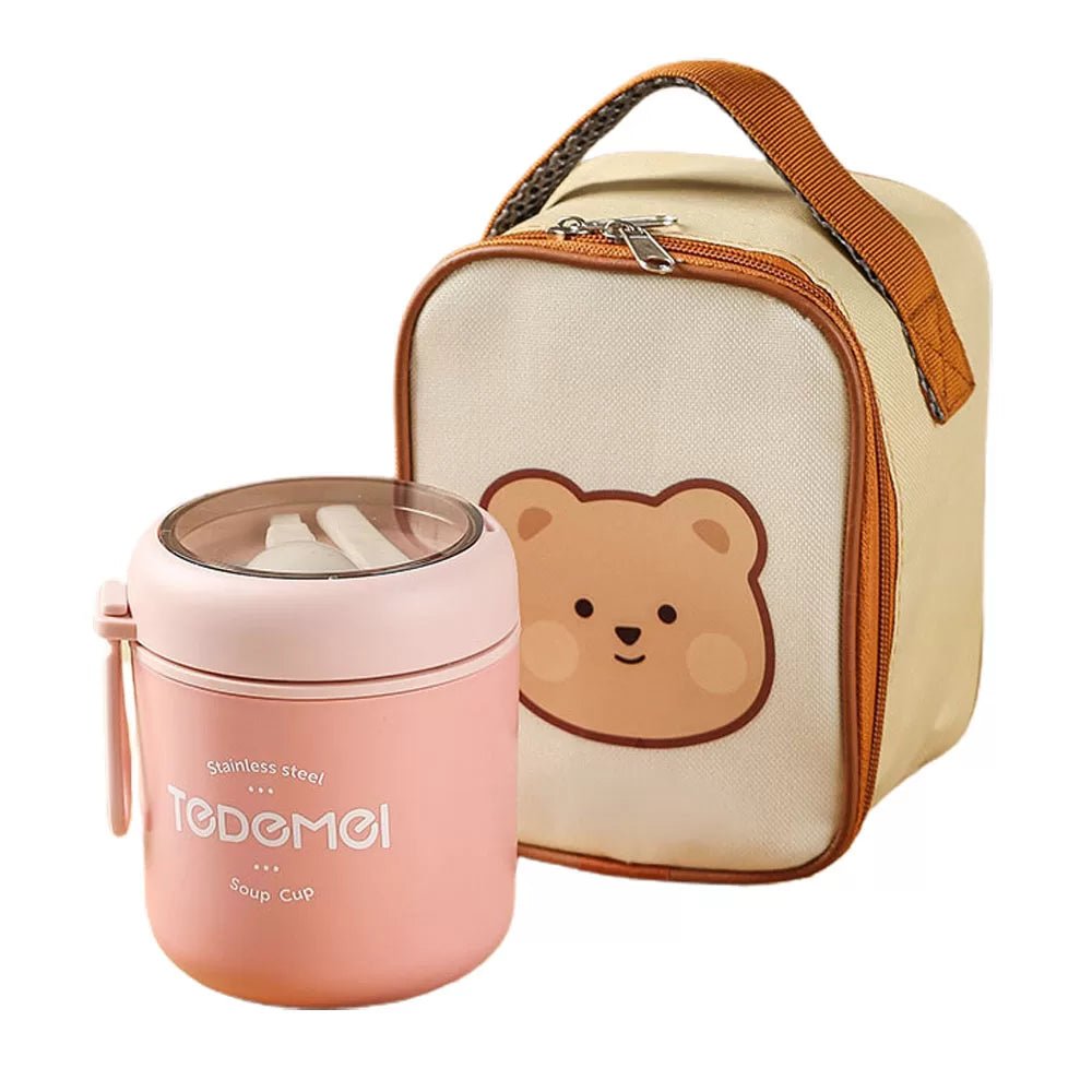 Stainless Steel Soup Box /Tiffin with Insulated Vertical Tiffin Bag with detachable Spoon for Kids and Adults, Pink - Little Surprise BoxStainless Steel Soup Box /Tiffin with Insulated Vertical Tiffin Bag with detachable Spoon for Kids and Adults, Pink