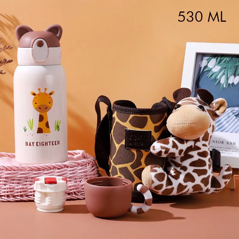 Stainless Steel Water Bottle with Matching Cover & Soft Toy, Giraffe - Little Surprise BoxStainless Steel Water Bottle with Matching Cover & Soft Toy, Giraffe