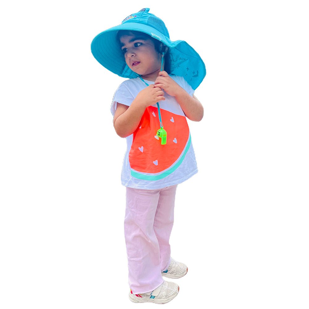 Summer Hat with wide Neck Flap for Kids, (3-10yrs), Teal Panda - Little Surprise BoxSummer Hat with wide Neck Flap for Kids, (3-10yrs), Teal Panda