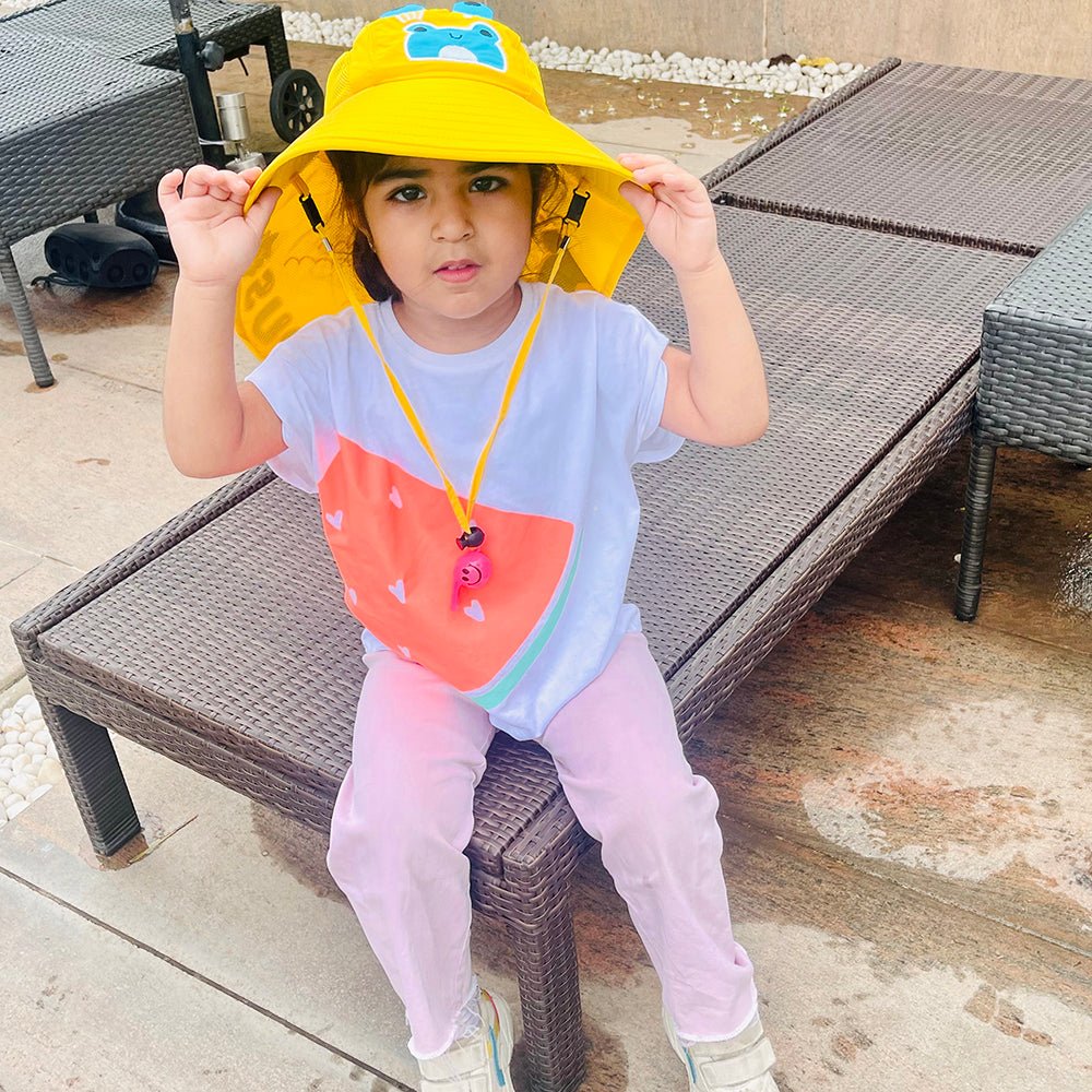 Summer Hat with wide Neck Flap for Kids, (3-10yrs), Yellow Frog - Little Surprise BoxSummer Hat with wide Neck Flap for Kids, (3-10yrs), Yellow Frog